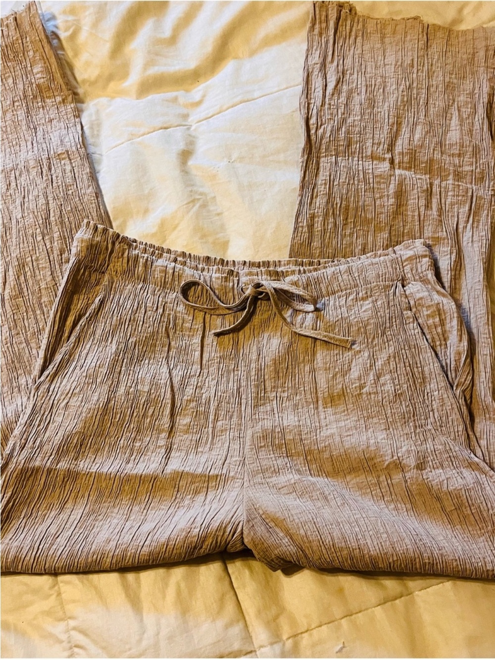 Zara Crinkled Textured Taupe Drawstring Wide-Leg  Pants